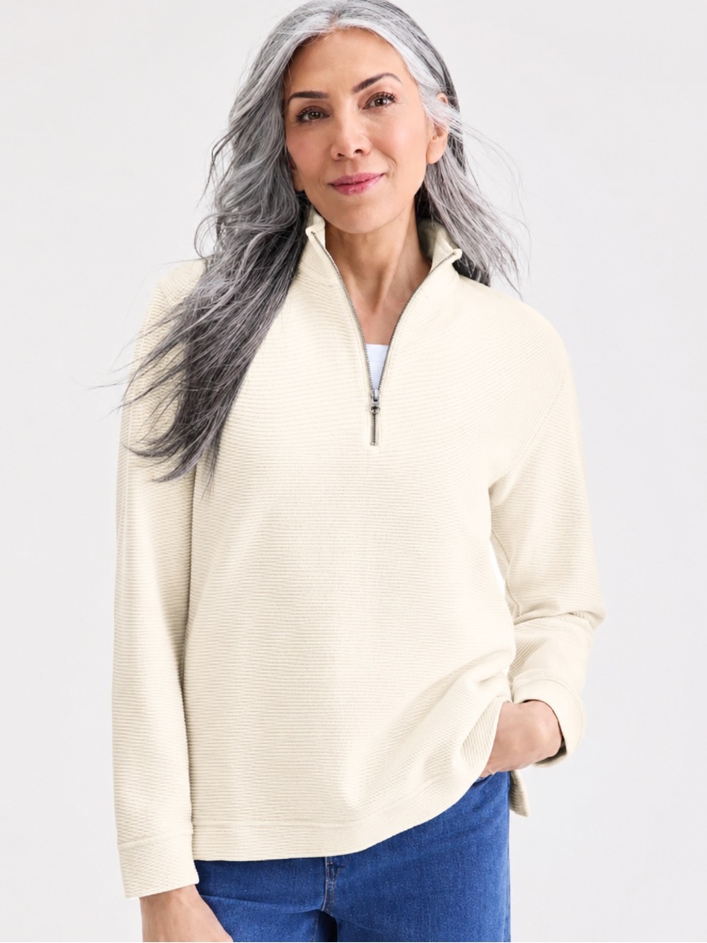 Style & Co Cream Textured Mock-Neck Quarter-Zip Sweatshirt Size Large